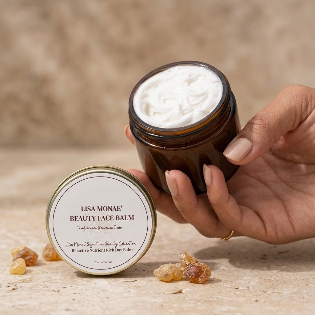 Hands holding an open Lisa Monae Beauty Frankincense Face Balm jar beside its labelled lid and resin pieces
