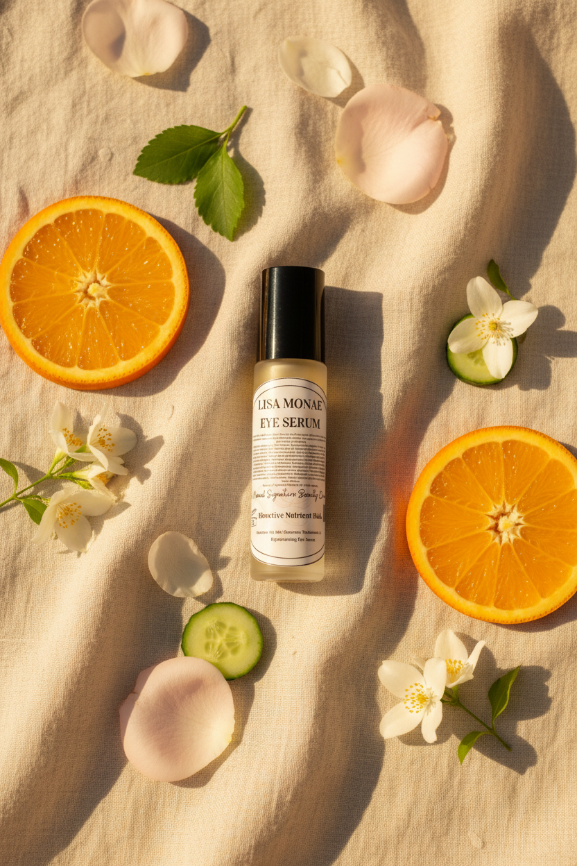 Lisa Monae Eye Serum bottle on cream fabric surrounded by orange slices, cucumber slices, flower petals and green leaves