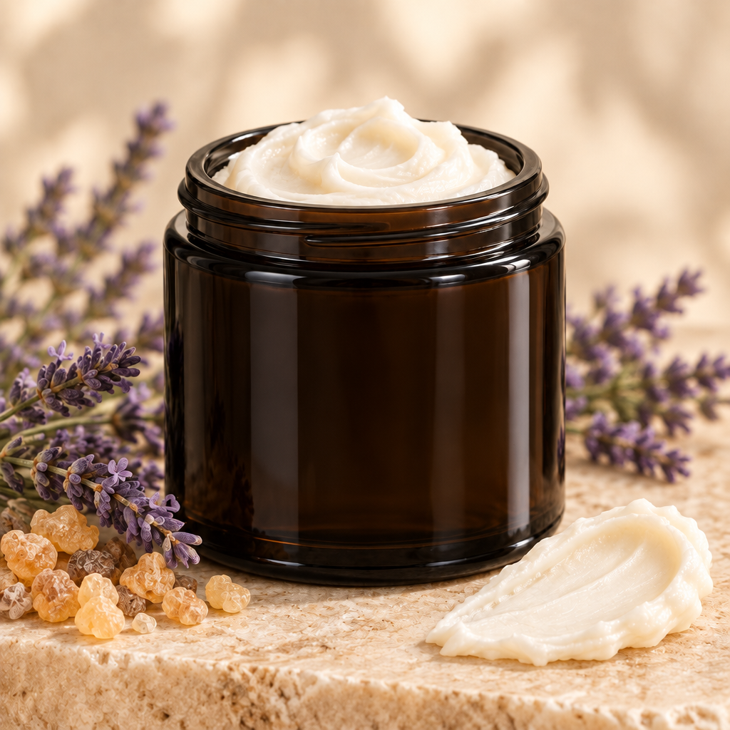 Open amber jar of whipped white cream beside lavender sprigs and golden resin pieces on a stone surface