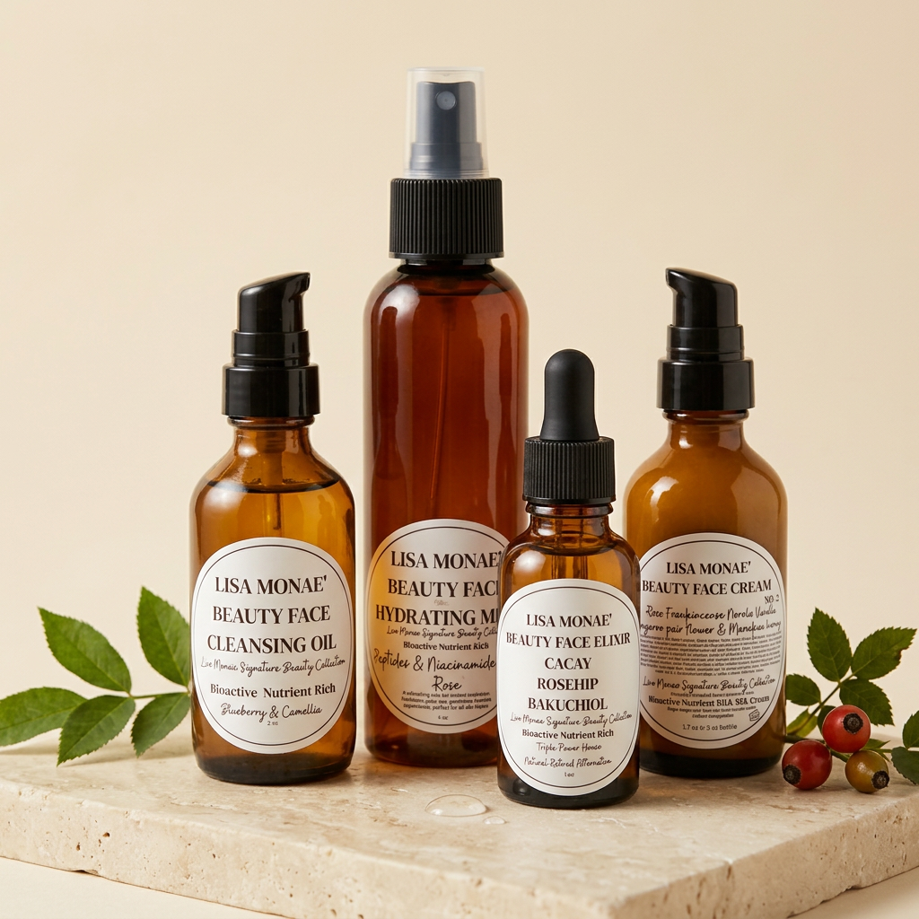 Lisa Monae Beauty skincare set with four amber bottles displayed with botanical leaves and rosehips.