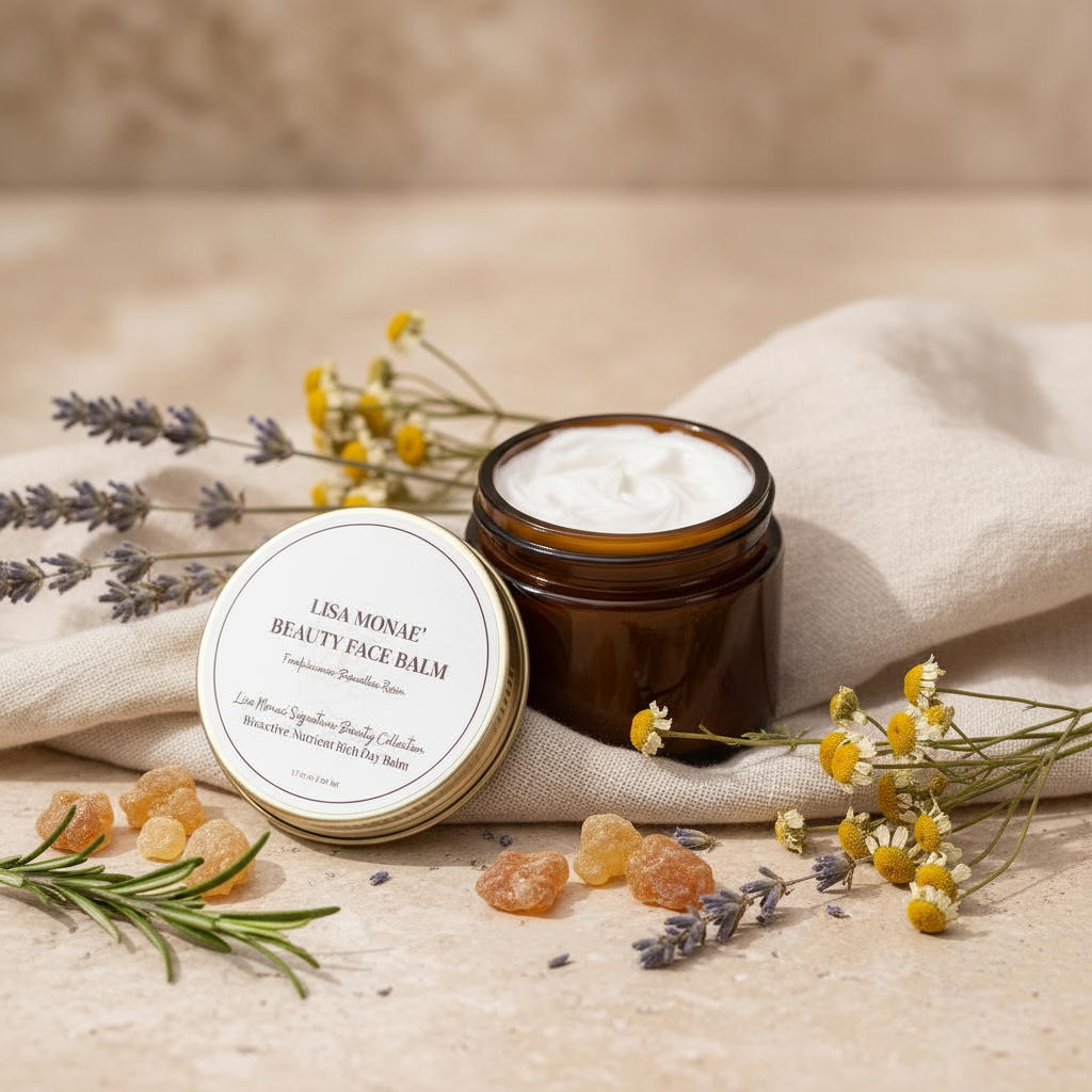 Lisa Monae Beauty face balm with frankincense in amber glass jar — natural botanical skincare