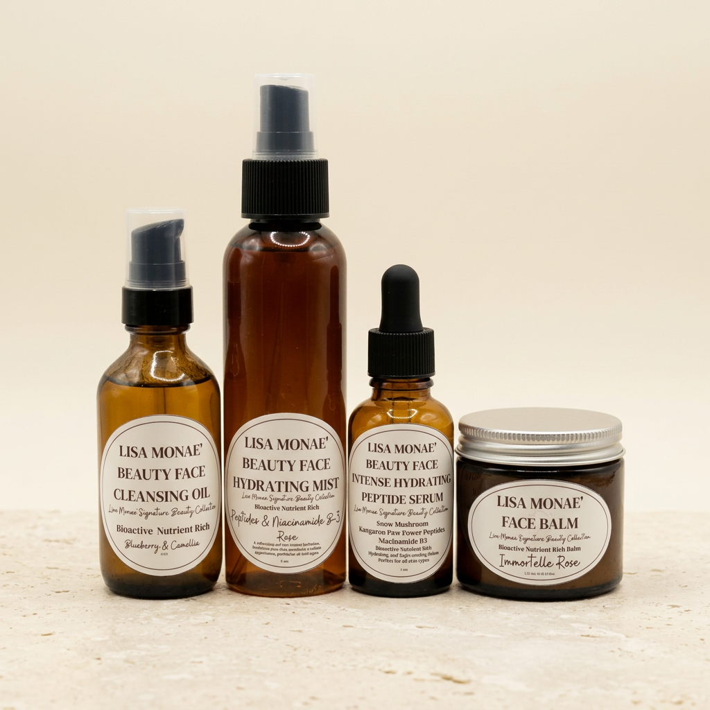 Lisa Monae Beauty Sensitive Skin Care Set with cleansing oil, hydrating mist, peptide serum, and face balm on an ivory background