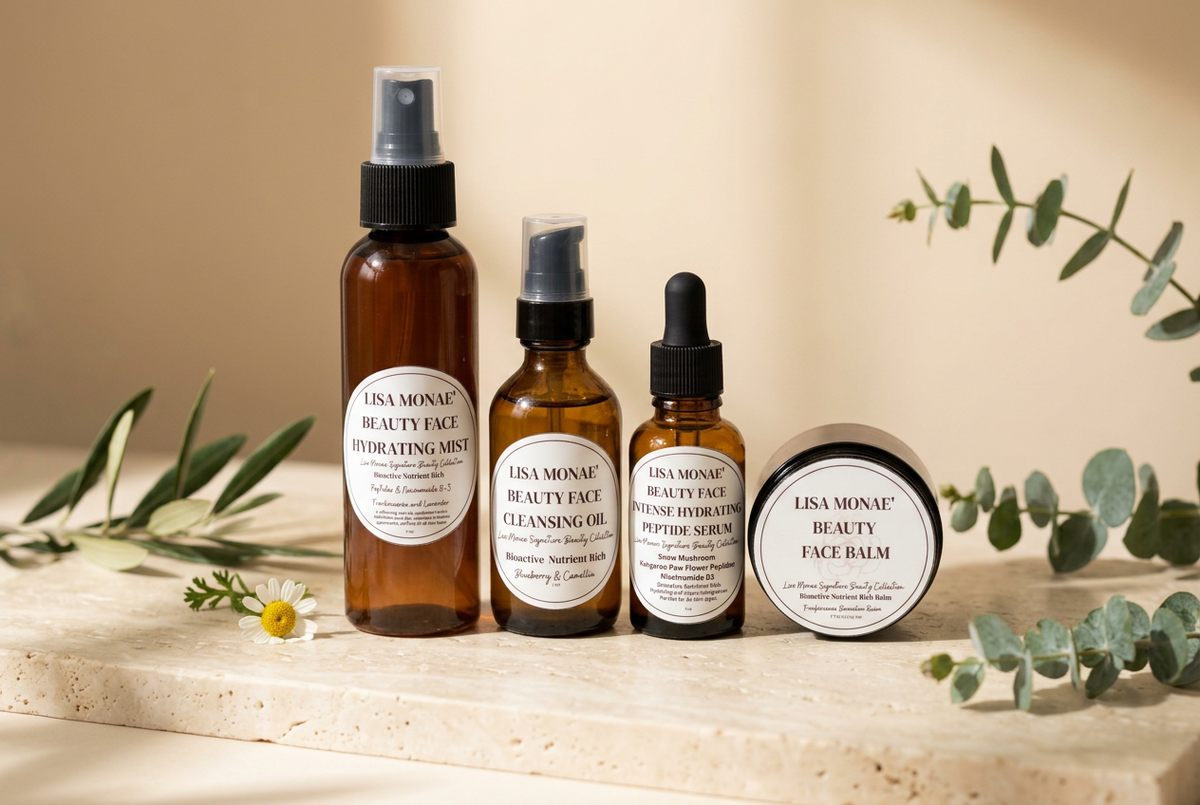 Lisa Monae Beauty Dry & Dehydrated Skin Care Set with four skincare products on an ivory surface