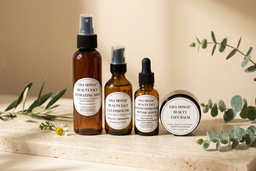Lisa Monae Beauty Dry & Dehydrated Skin Care Set with four skincare products on an ivory surface