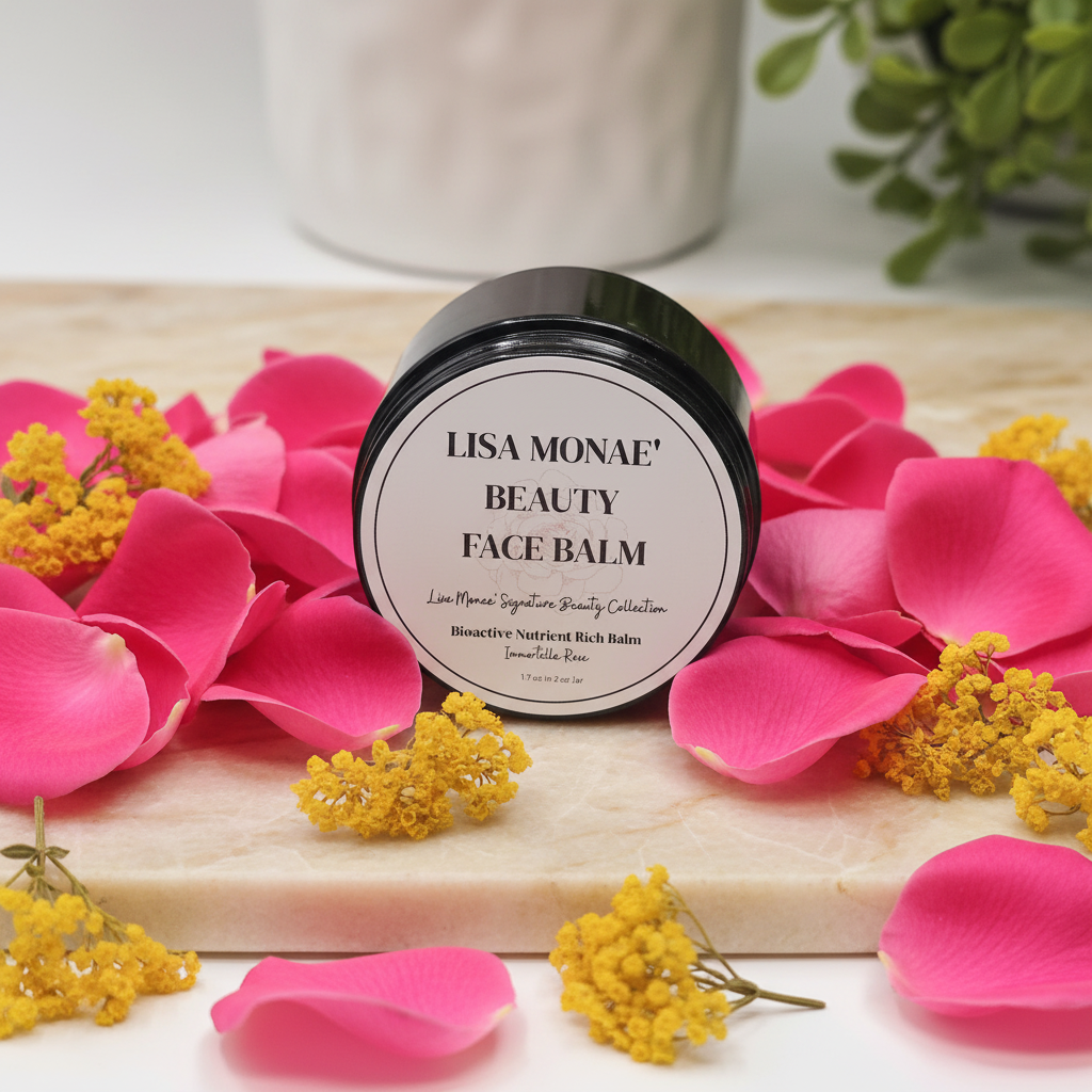 Lisa Monae Beauty face balm with immortelle and rose — anti-aging natural botanical skincare in amber glass